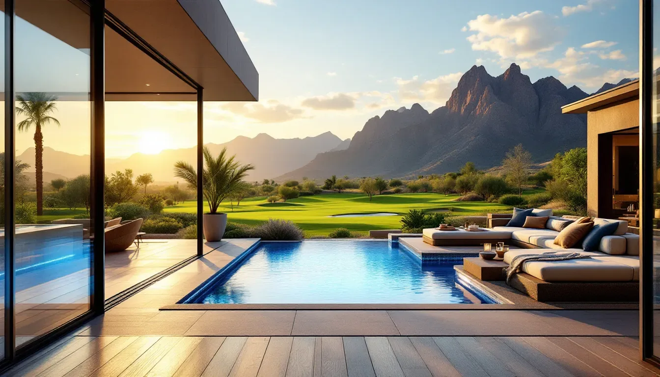 Contemporary home with a swimming pool overlooking green landscaping and mountains at dusk