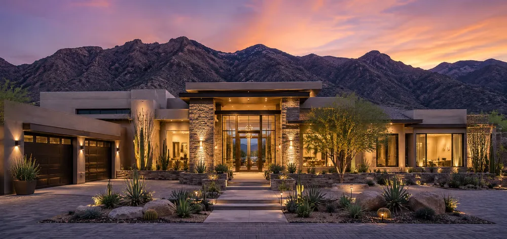 Contemporary desert estate beneath a mountain range at dusk