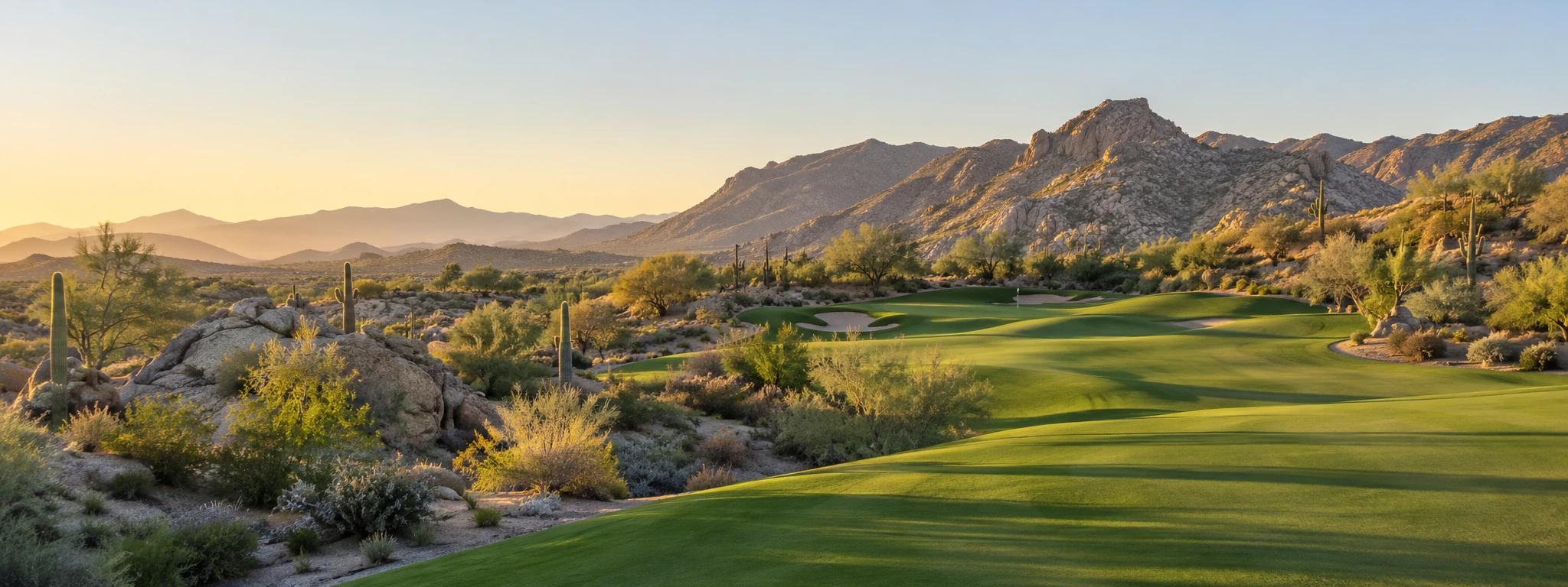 Fictional North Scottsdale desert golf course at golden hour