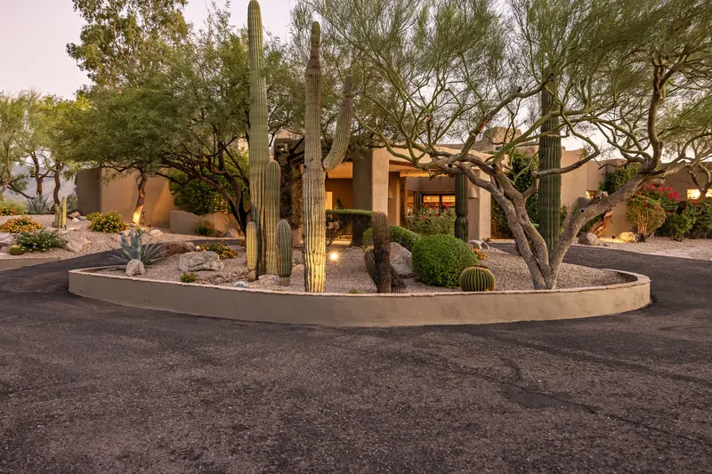 Curved entry drive edged by a low wall, mature saguaros and desert trees with the home beyond